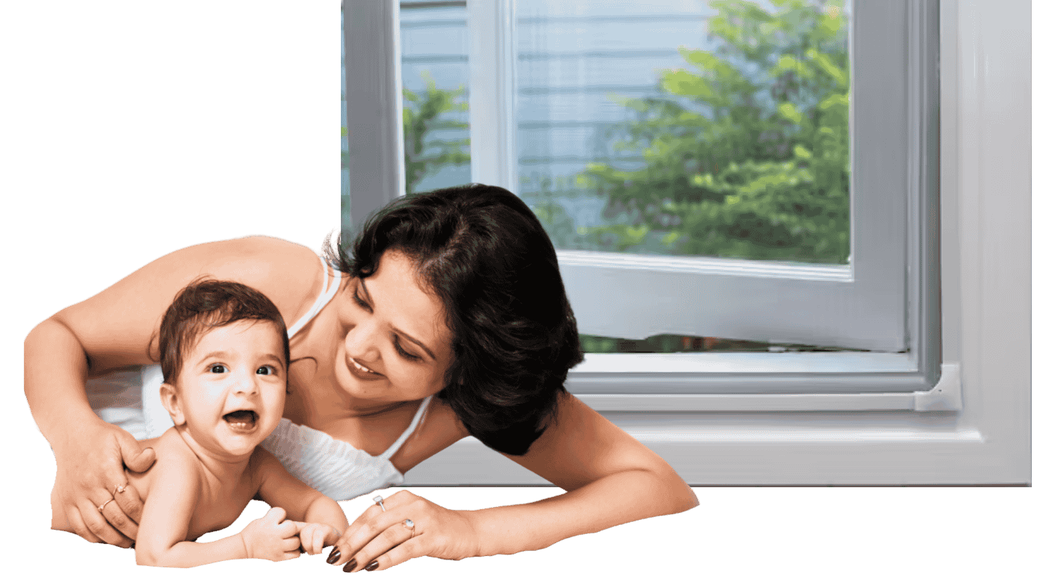 A mother and baby beside an open window fitted with a magnetic fly screen